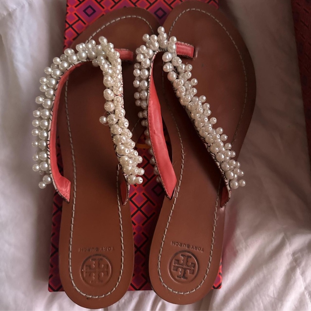 Tory Burch Pearl Embellished Sandals - Tan